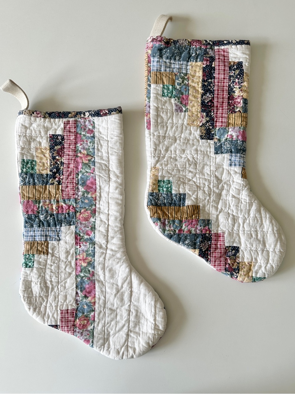 Handmade Quilt Patchwork Christmas Stockings Set of 2 Log Cabin Pattern